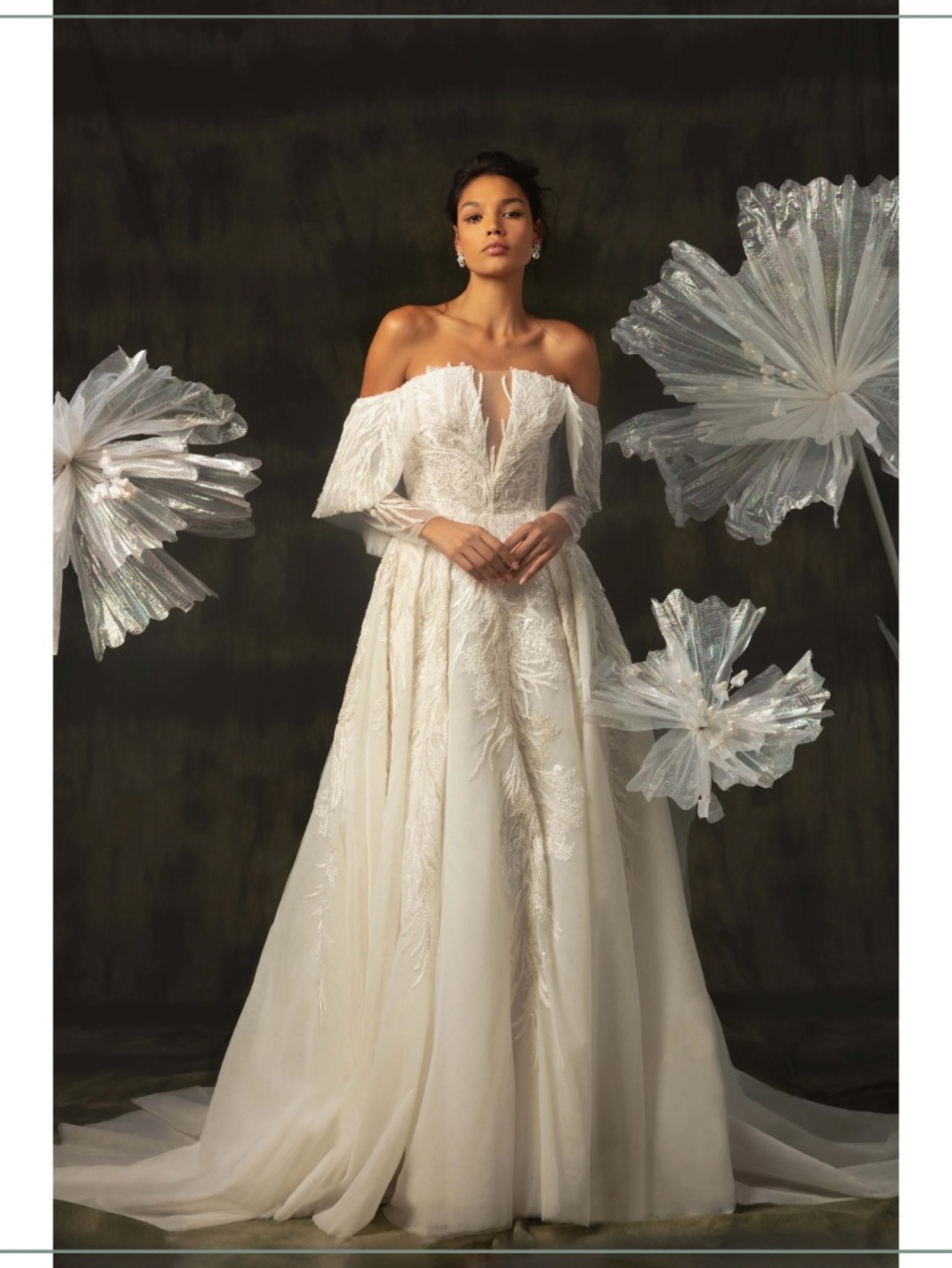 $22,500 Saiid Kobeisy Tulle Runway Long Sleeve Gown with Floral Organza Beading